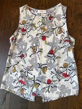 Renee C. White Floral Print Sleeveless Top with Red, Yellow & Green Accents
